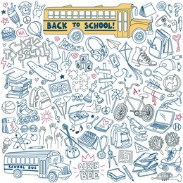 back to school doodles set. teenagers stuff and equipment. vector drawing isolated on white background