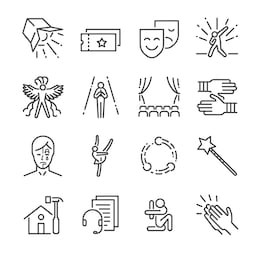 performance line icon set. included the icons as mask, mime, stage, concert and more.