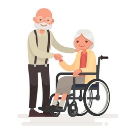 couple of elderly people. grandpa near grandmother in a wheelchair. vector illustration in a flat style