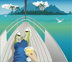 a person rests on a yacht and drinks a cocktail. tropical paradise. turquoise ocean, tropical island, palm trees, yacht, seagulls.
