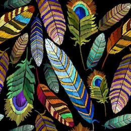 color feathers embroidery seamless pattern. beautiful bright tropical peacock feathers embroidery, hand drawn fashion template for clothes, textiles, t-shirt design