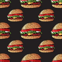 burger, hamburger, cheeseburger fast food vector seamless pattern.