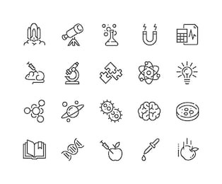 simple set of science related vector line icons. 
contains such icons as biology, astronomy, physics, science test, lab and more.
editable stroke. 48x48 pixel perfect.