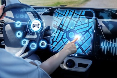 futuristic vehicle and graphical user interface(gui). intelligent car. connected car. internet of things. heads up display(hud).