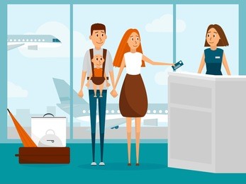 family travel by plane with newborn baby for the first time. parents with infant kid check-in for flight in airport. family vacation concept. vector illustration with cartoon people characters.