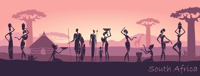 african sunset landscape with silhouettes of people