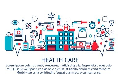 flat line design website banner of health care, clinic and hospital facilities. modern vector illustration for web design, marketing and print material.