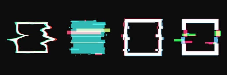 set of simple geometric square form, frames or border in distorted glitch style. modern trendy background shapes for design banner, poster, cover, flyer, brochure, card. vector illustration.