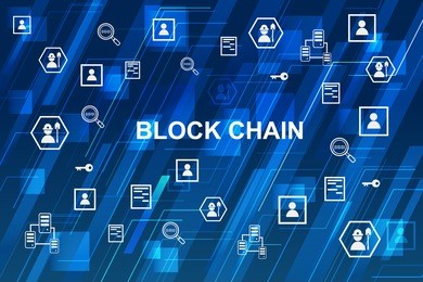 blockchain network concept , distributed ledger technology , miner, key, security, block chain text and computer connection with blue digital background