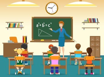 class room with board, young female teacher, elementary school little boys and girls. kids sitting in classroom vector illustration