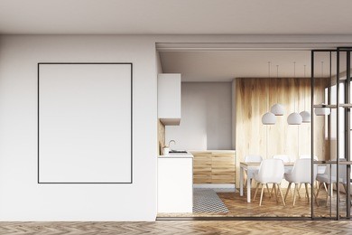 light wooden kitchen interior with white walls, wooden floor with a framed vertical poster on a wall. dining table with white chairs and countertops. 3d rendering mock up