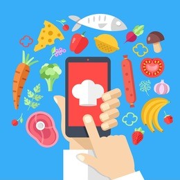 hand holding smartphone with chef cap on screen and food ingredients around. cooking concept. cooking app, online recipes, food delivery, mobile cookbook. modern flat design vector illustration