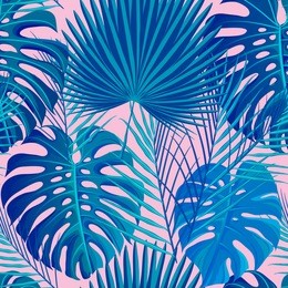 seamless pattern with neon colored tropical exotic palm and monstera leaves on abstract pink blue style background. fabric, wrapping paper print. vector illustration stock vector.