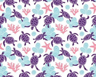 vector seamless pattern with ornamental ocean turtles. blue ethnic hand drawn fabric design
