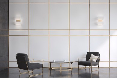 two comfortable modern black armchairs are standing in front of each other near a round coffee table in an office waiting area with gray walls. 3d rendering, mock up