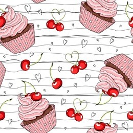hand drawn seamless pattern with doodle cupcake and cherry. food background. vector illustration