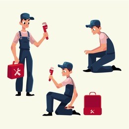 plumbing specialist at work, repairing sewage pipes, sink, washing machine, cartoon vector illustration. plumber, plumbing specialist, repairman at work, fixing