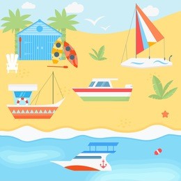 beach with boats, yachts and blue cabin.