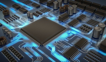 3d rendered illustration of electronic circuit with microchips and glowing signals.
