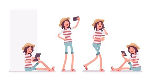 young smiling woman wearing leisure summer fit, trendy stripe print, beach shoes, sitting with tablet, phone talking, making selfie. vector flat style cartoon illustration, isolated, white background