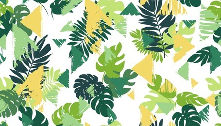 seamless pattern with tropical leaves and elements of grunge triangles