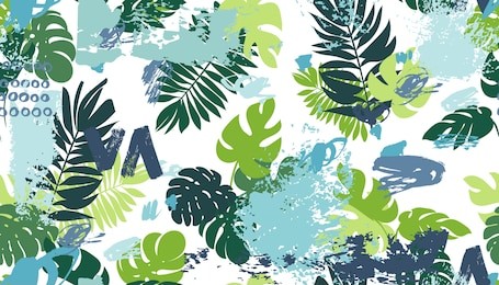 seamless pattern with tropical leaves and elements of grunge textures, spots