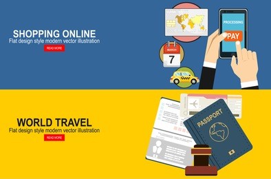 vector illustration of passport with tickets. air travel concept. flat design.online shopping concept.