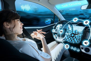 relaxed woman in autonomous car. self driving vehicle. autopilot. automotive technology.