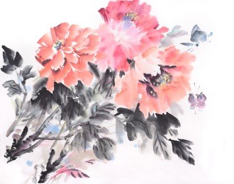 traditional chinese ink painting of peony flower