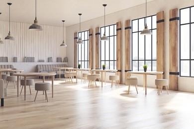 side view of a modern cafe interior with concrete walls and floor, wooden shutters at tall windows and round tables with chairs. 3d rendering mock up