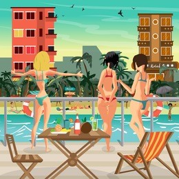 young women in a bikini on the deck of a pleasure liner look at the tropical coast, with the beach and hotels. vector flat cartoon illustration