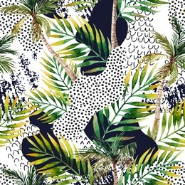 abstract summer geometric seamless pattern. watercolor palm trees and leaves, smooth bend shapes filled with ink grunge, minimal doodle textures on white background. hand painted tropical illustration