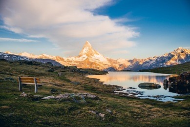 colorful summer panorama of the matterhorn pyramid and stellisee lake. few minutes before sunrise. great june outdoor scene in swiss alps, zermatt, switzerland, europe