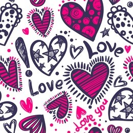 abstract seamless love pattern. valentines day wrapping paper. girlish repeated backdrop with hearts, stars drawing in sketch style. romantic wallpaper for girls, textile, clothes, wrapping paper