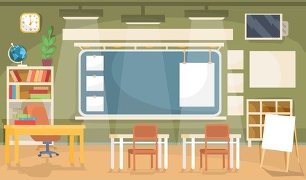 vector flat illustration of an empty classroom in a school, university, college, institute with a blackboard, desks, chairs, bookshelves and empty banners for text