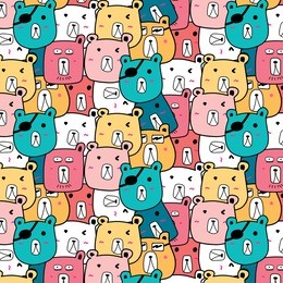 hand drawn cute bear vector pattern. doodle art.