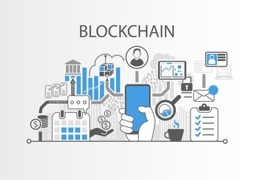 blockchain vector background illustration with hand holding smartphone and icons