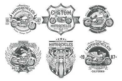 set vector black vintage badges, emblems with a custom motorcycle. print, template, advertising design element for the motor club, motorcycle repair shop