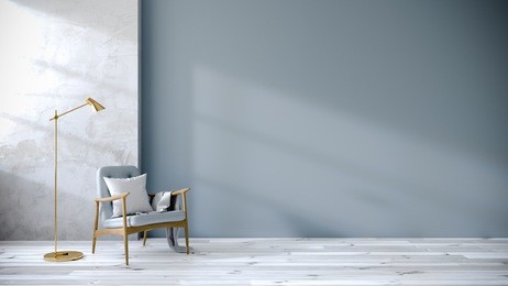 loft and vintage interior of living room, blue armchairs on white flooring and blue wall  ,3d rendering