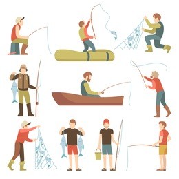 summer fishing sport vacation vector flat icons. fishermen with fish set. fisherman fishing in boat illustration