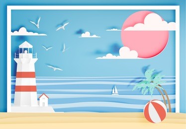 beautiful beach paper art style with frame vector illustration