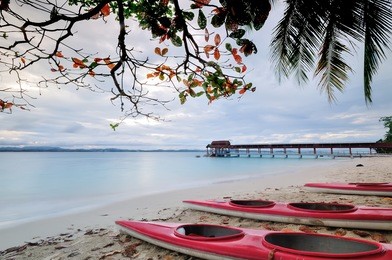 beautiful nature landscape of kapas island located in terengganu, malaysia, jetty,kayak and coconut ( palm) tree ( soft image, long exposure photography)