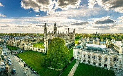 panorama of cambridge and kings collage with dramatic sky, uk