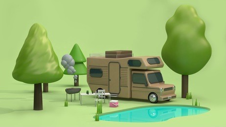 3d rendering brown home car in green parks have many trees nature and pond blue water reflection cartoon style,barbecue-picnic-camping,travel vacation holiday summer concept