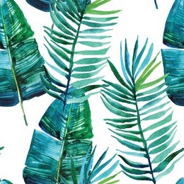 watercolor seamless pattern with green tropical leaves. banana tree leaf, palm leaf.