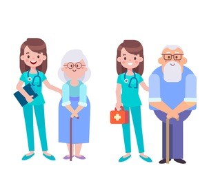 young female nurse helping caring for elderly man and woman. vector flat illustration isolated on white.