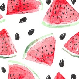 watercolor watermelon slices and seeds seamless pattern