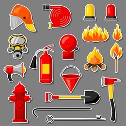 set of firefighting stickers. fire protection equipment.