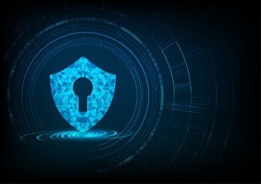 cyber security concept: shield with keyhole icon on digital data background. illustrates cyber data security or information privacy idea. blue abstract hi speed internet technology.