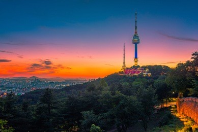 twilight seoul tower in spring at south korea.